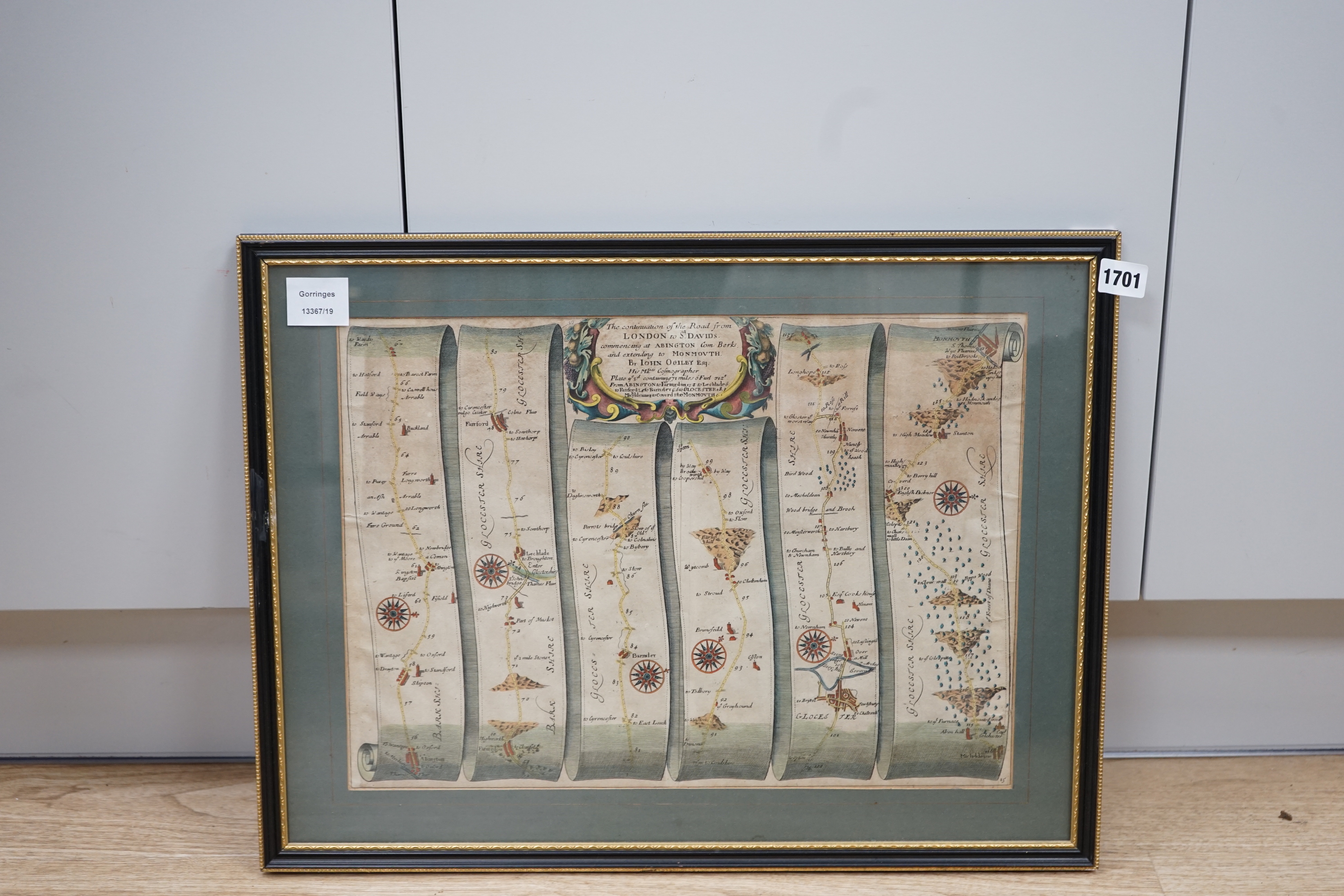 John Ogilby (1600-1676) hand coloured map, London to St. Davids, 33 x 44cm